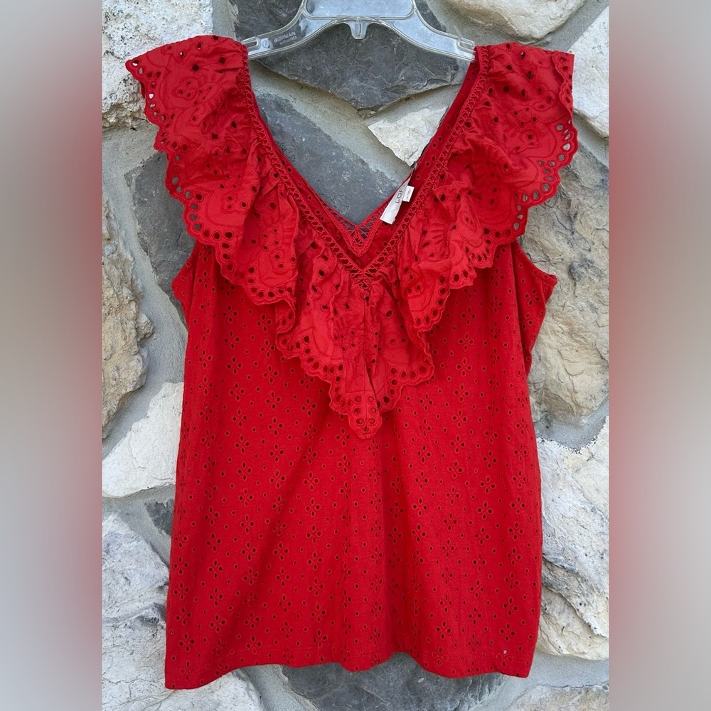 Loft Blouse Size M Red Eyelet Ruffle Boho Spring Summer Feminine Cottagecore